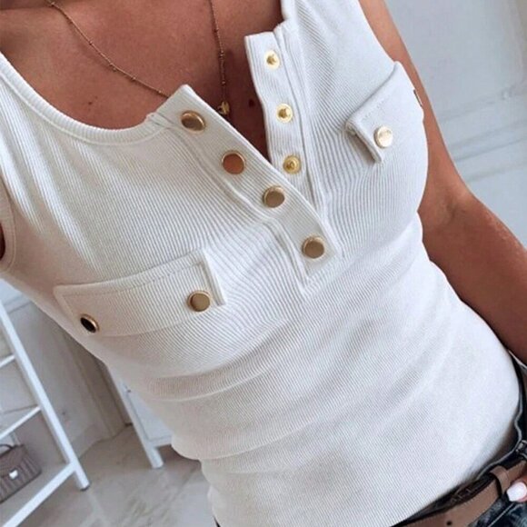White Casual Women's Sleeveless Fitted Metal Button Tank Top - Picture 1 of 4